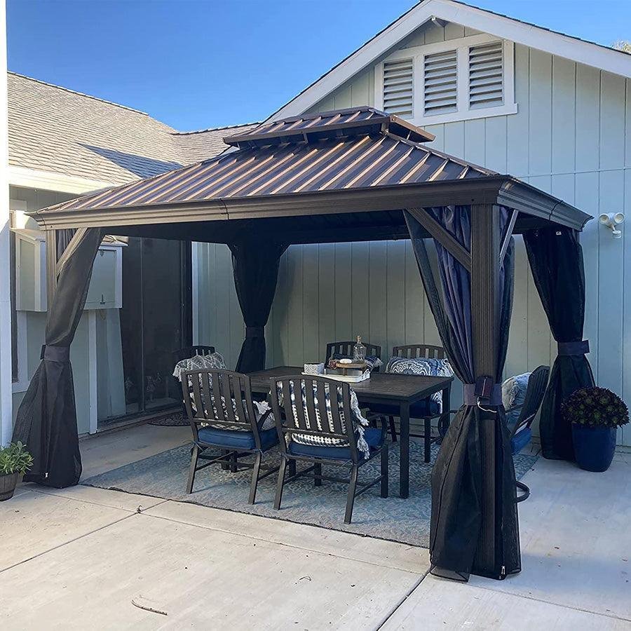 Outdoor Hardtop Gazebo for Patio Bronze Aluminum Frame Pavilion with Navy-Blue Curtain - Image 32
