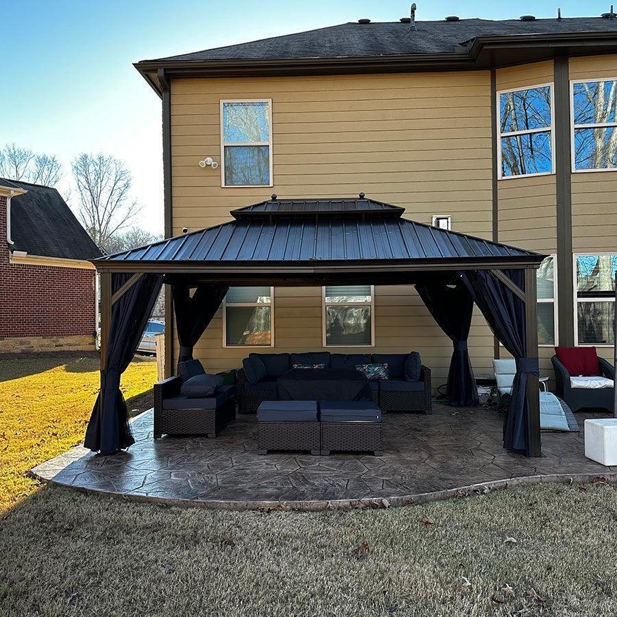 Outdoor Hardtop Gazebo for Patio Bronze Aluminum Frame Pavilion with Navy-Blue Curtain - Image 33
