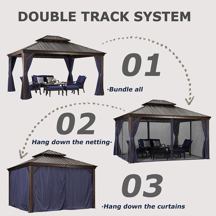 Outdoor Hardtop Gazebo for Patio Bronze Aluminum Frame Pavilion with Navy-Blue Curtain - Image 37