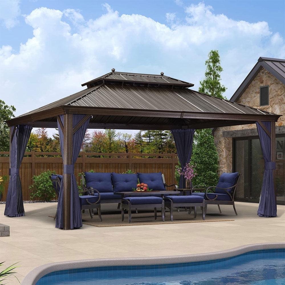 Outdoor Hardtop Gazebo for Patio Bronze Aluminum Frame Pavilion with Navy-Blue Curtain - Image 48