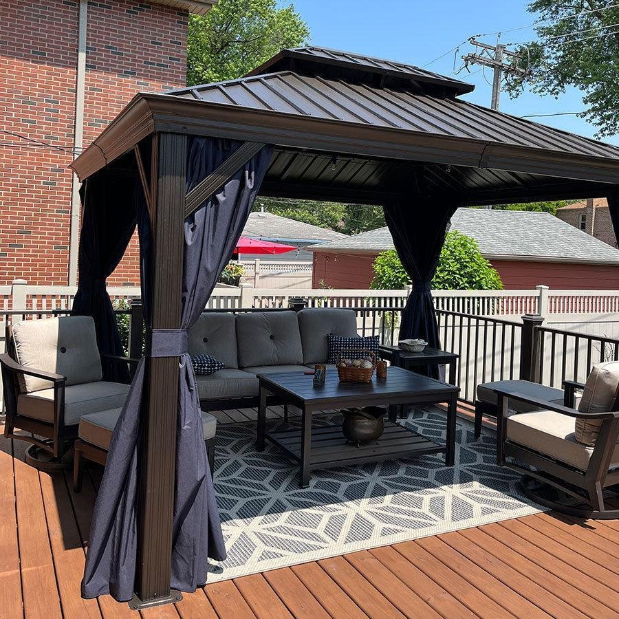 Outdoor Hardtop Gazebo for Patio Bronze Aluminum Frame Pavilion with Navy-Blue Curtain - Image 55