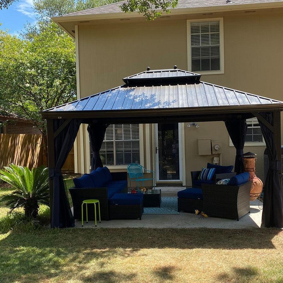Outdoor Hardtop Gazebo for Patio Bronze Aluminum Frame Pavilion with Navy-Blue Curtain - Image 56