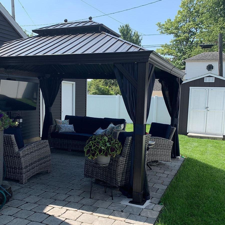 Outdoor Hardtop Gazebo for Patio Bronze Aluminum Frame Pavilion with Navy-Blue Curtain - Image 57