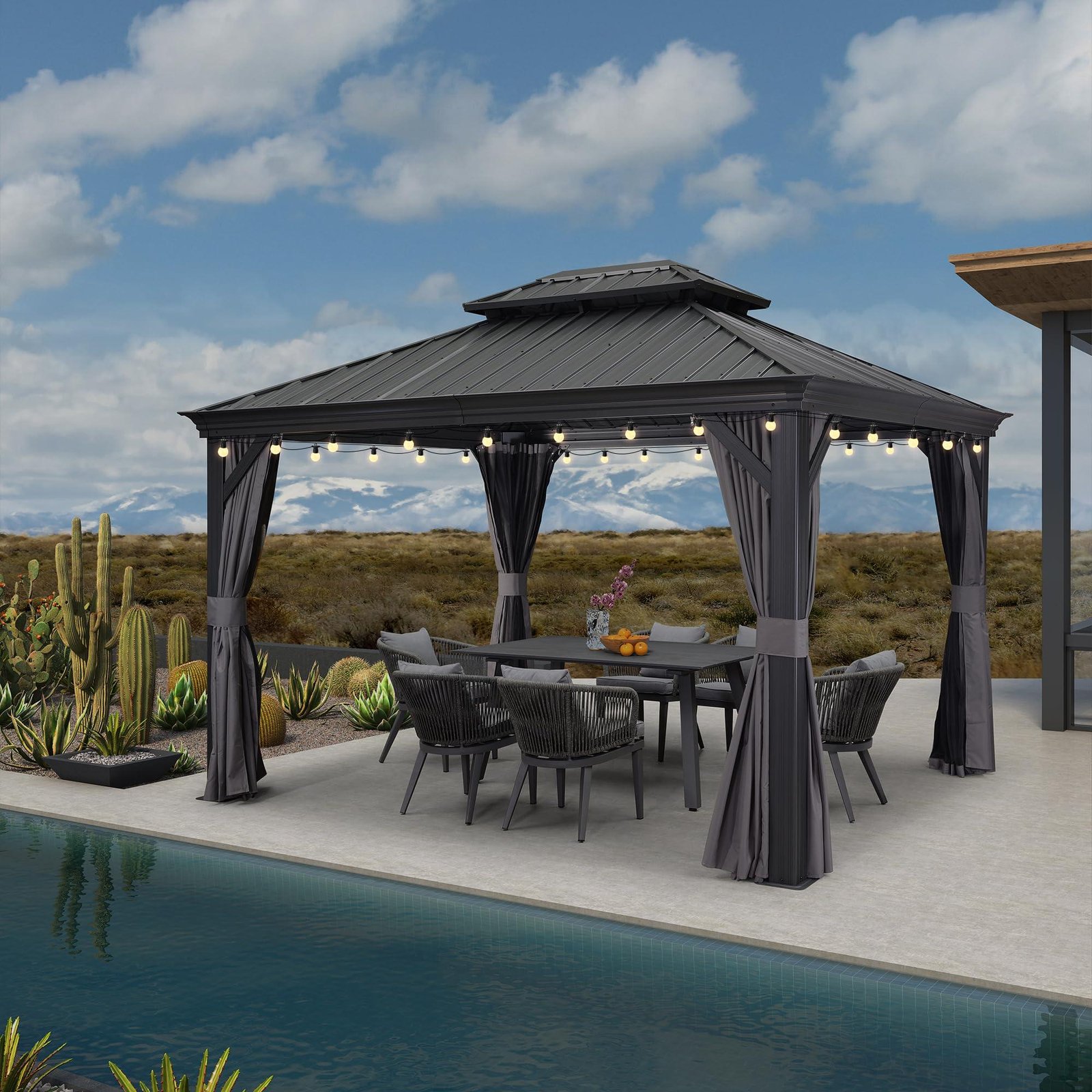 Gazebo for Backyard Grey Hardtop Galvanized Steel Roof Awning with String Lights-clear - Image 51