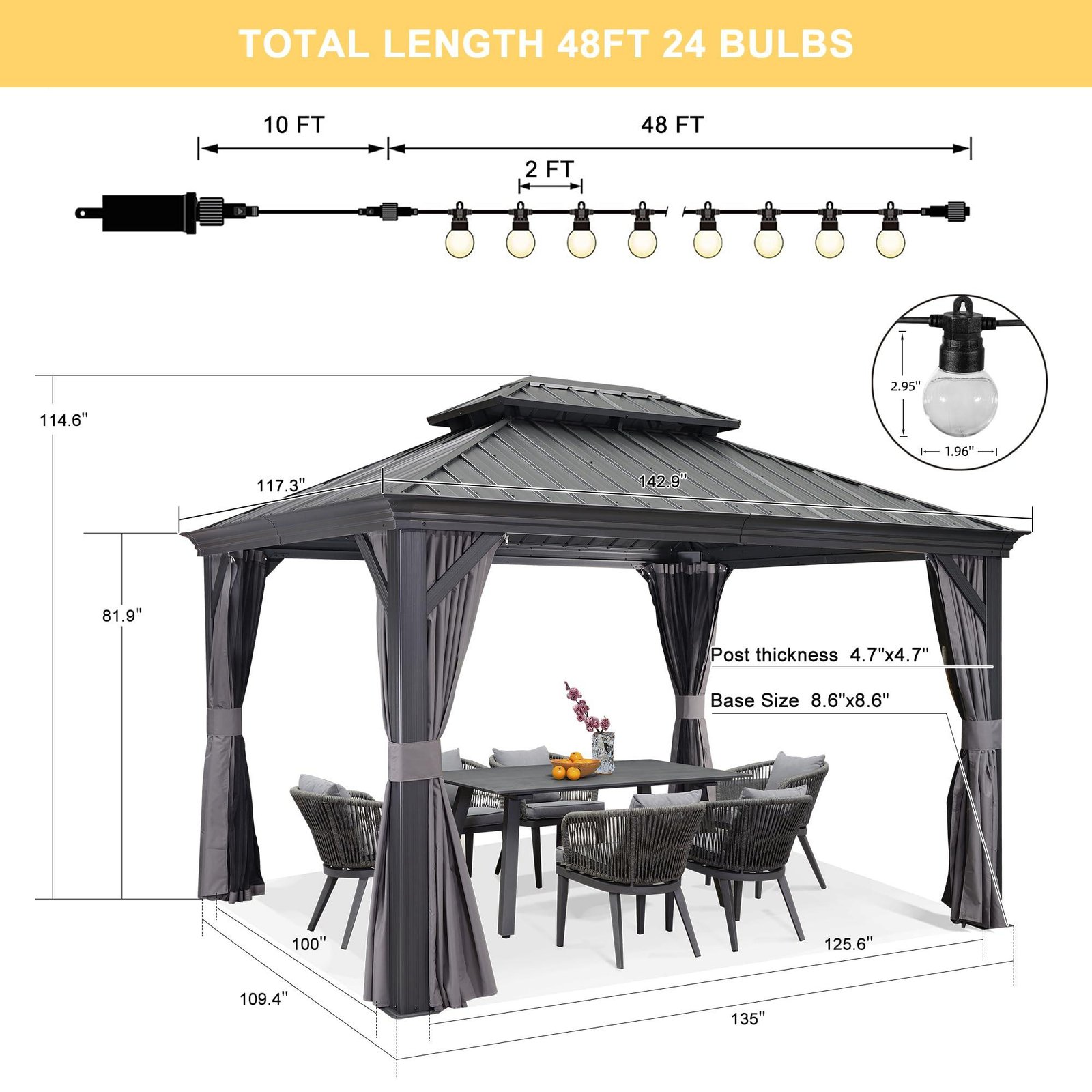 Gazebo for Backyard Grey Hardtop Galvanized Steel Roof Awning with String Lights-clear - Image 54