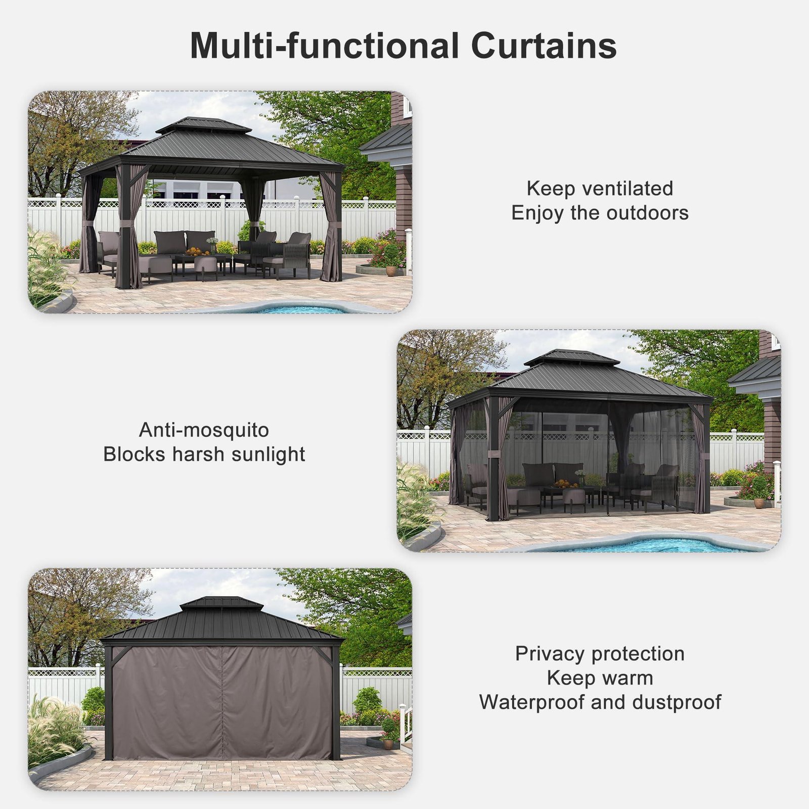 Gazebo for Backyard Grey Hardtop Galvanized Steel Roof Awning with String Lights-clear - Image 6