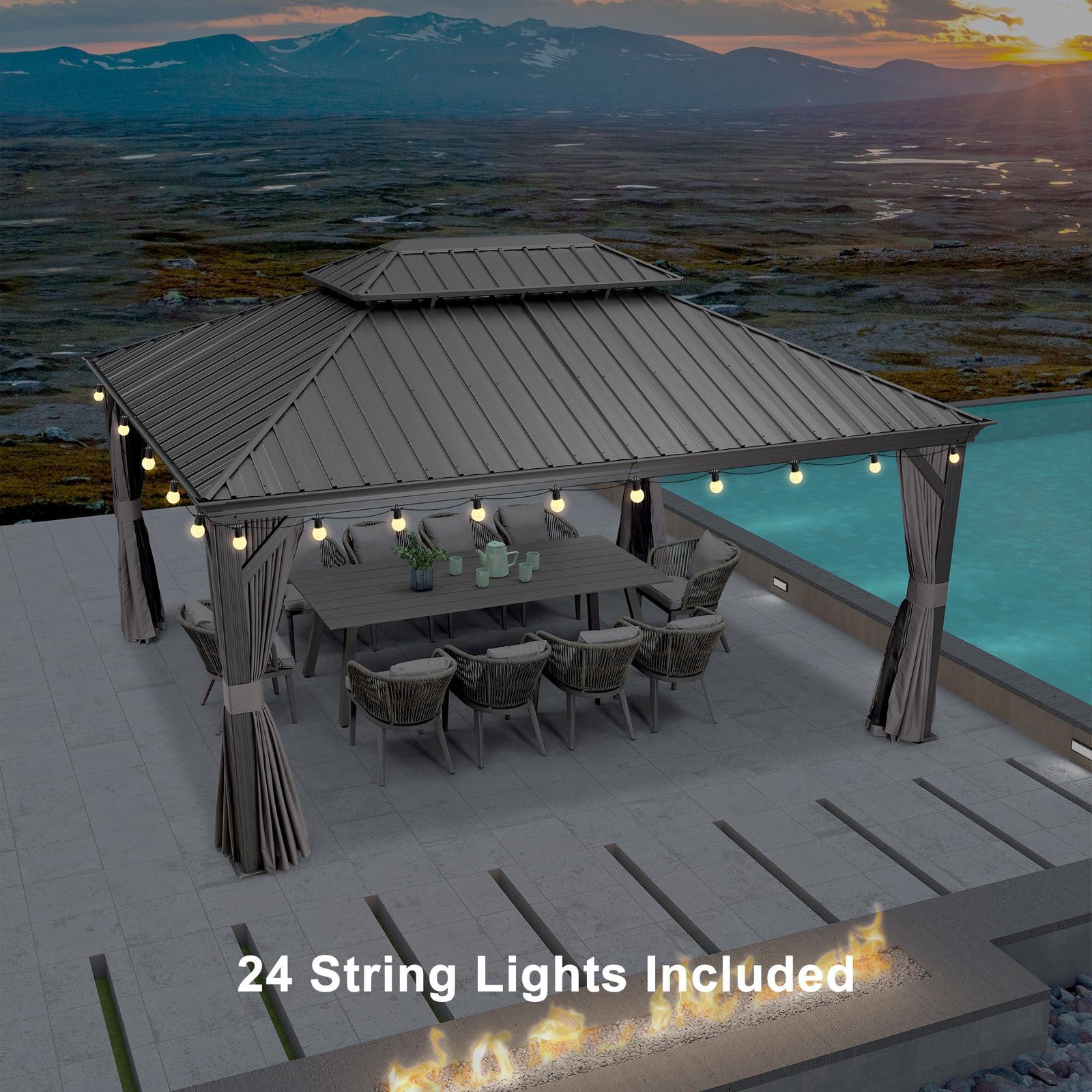 Gazebo for Backyard Grey Hardtop Galvanized Steel Roof Awning with String Lights-clear - Image 9