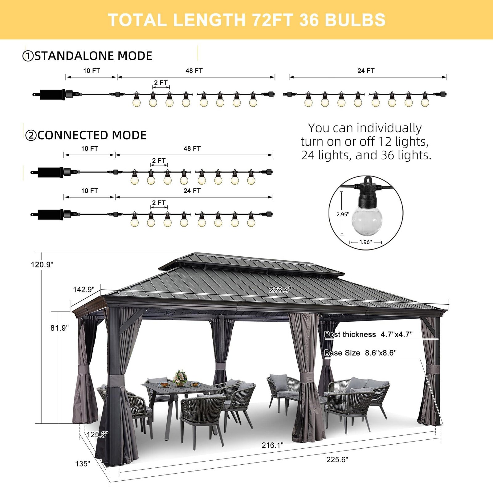 Gazebo for Backyard Grey Hardtop Galvanized Steel Roof Awning with String Lights-clear - Image 18