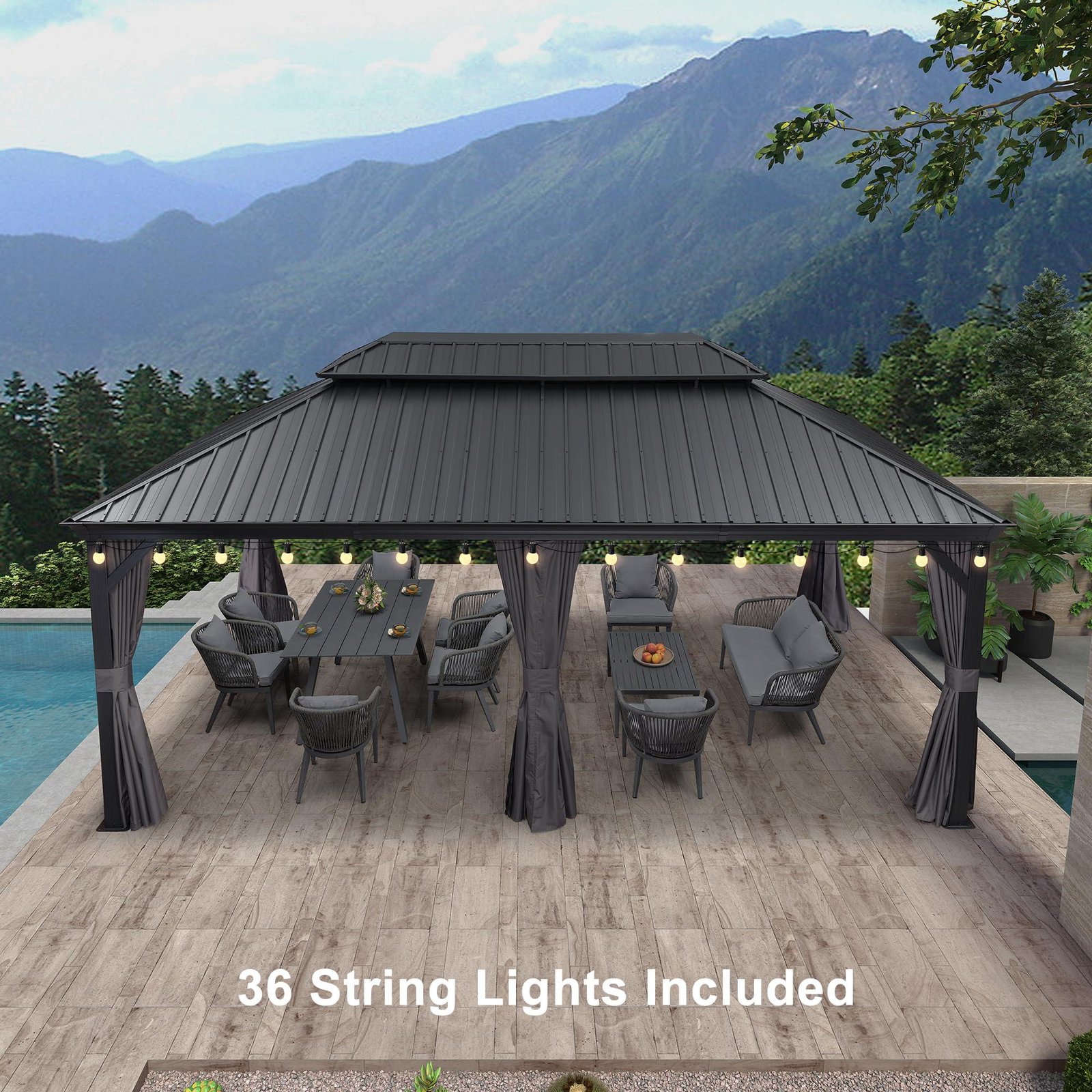 Gazebo for Backyard Grey Hardtop Galvanized Steel Roof Awning with String Lights-clear - Image 19