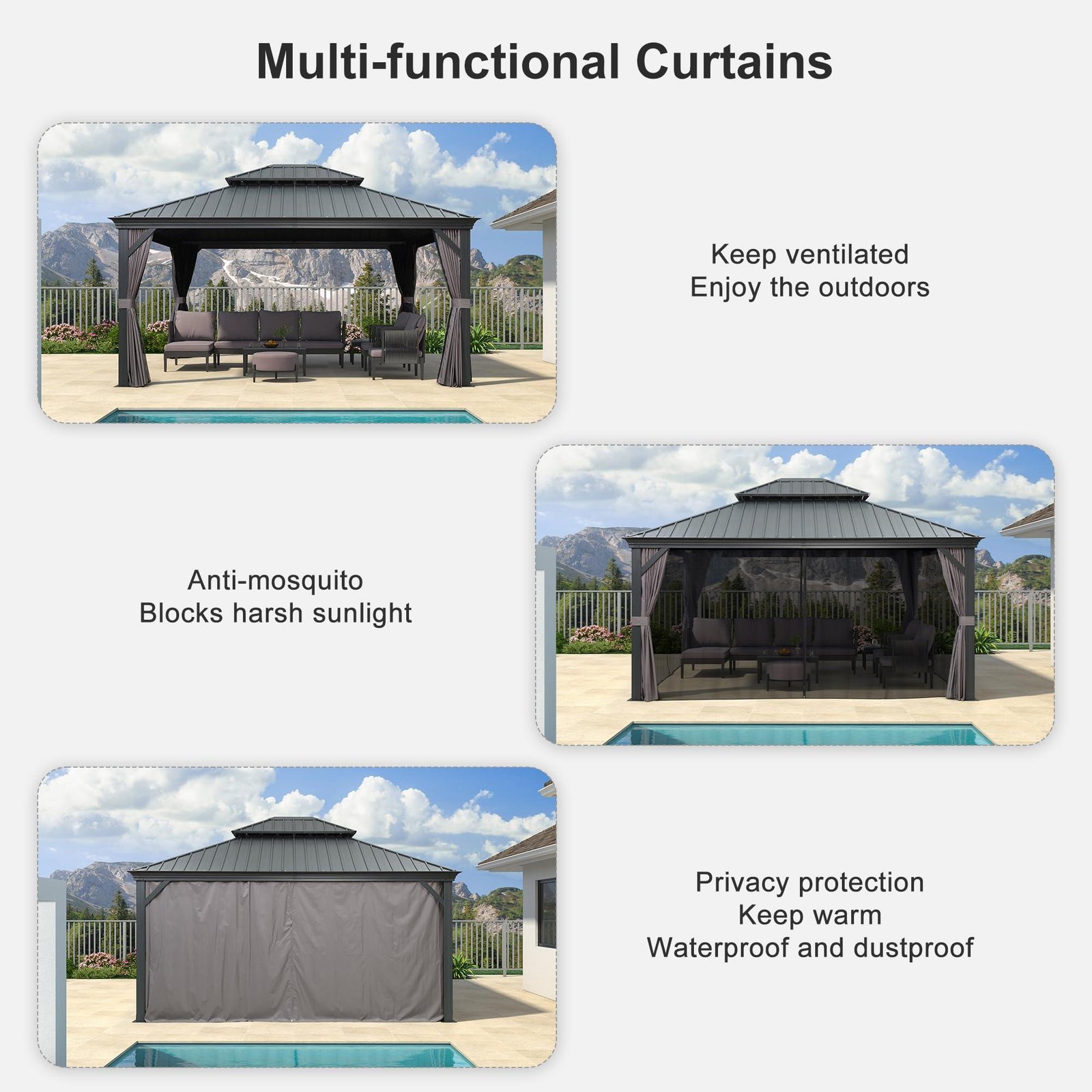 Gazebo for Backyard Grey Hardtop Galvanized Steel Roof Awning with String Lights-clear - Image 21