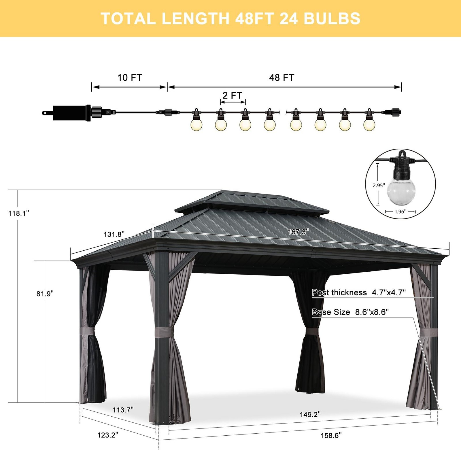 Gazebo for Backyard Grey Hardtop Galvanized Steel Roof Awning with String Lights-clear - Image 22