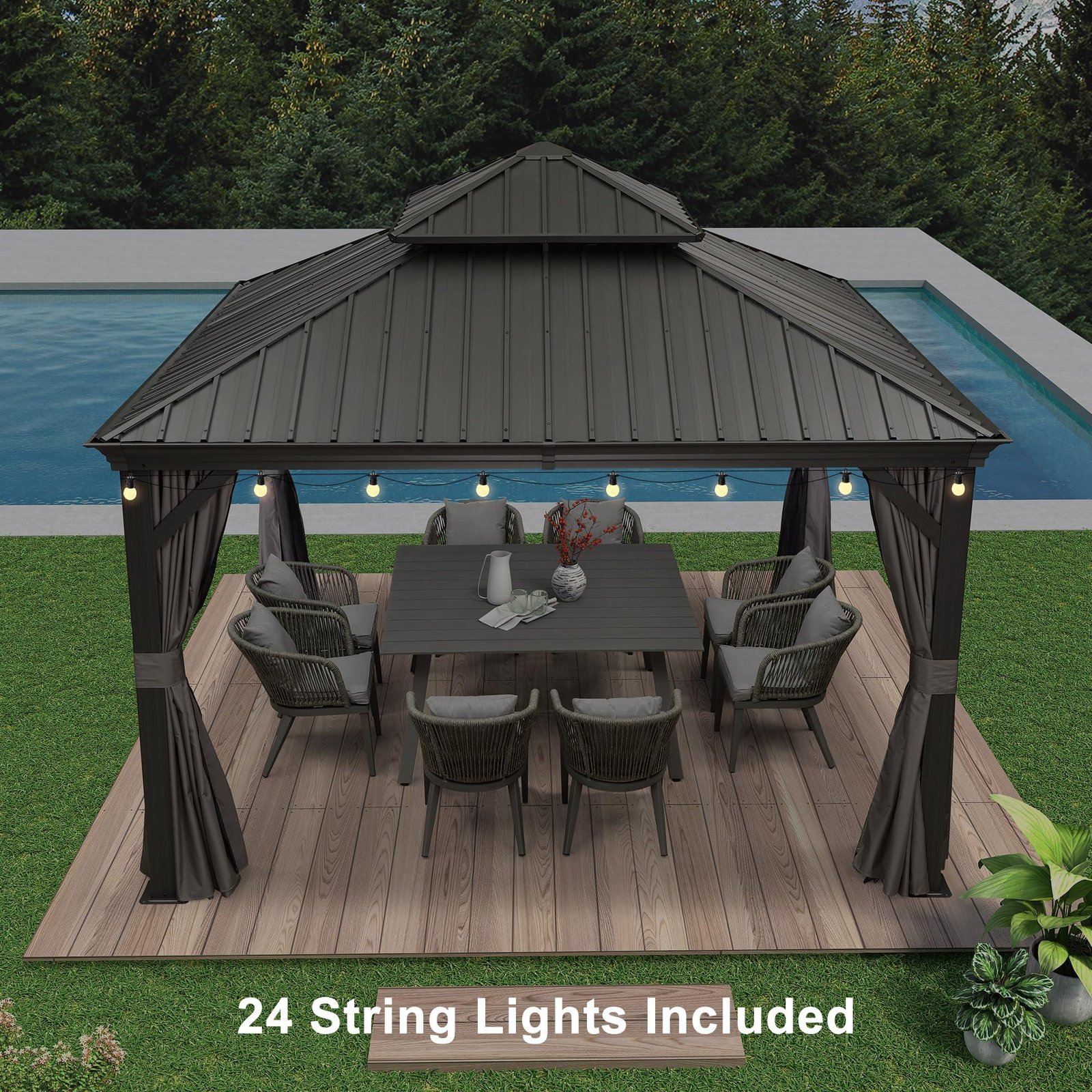 Gazebo for Backyard Grey Hardtop Galvanized Steel Roof Awning with String Lights-clear - Image 25