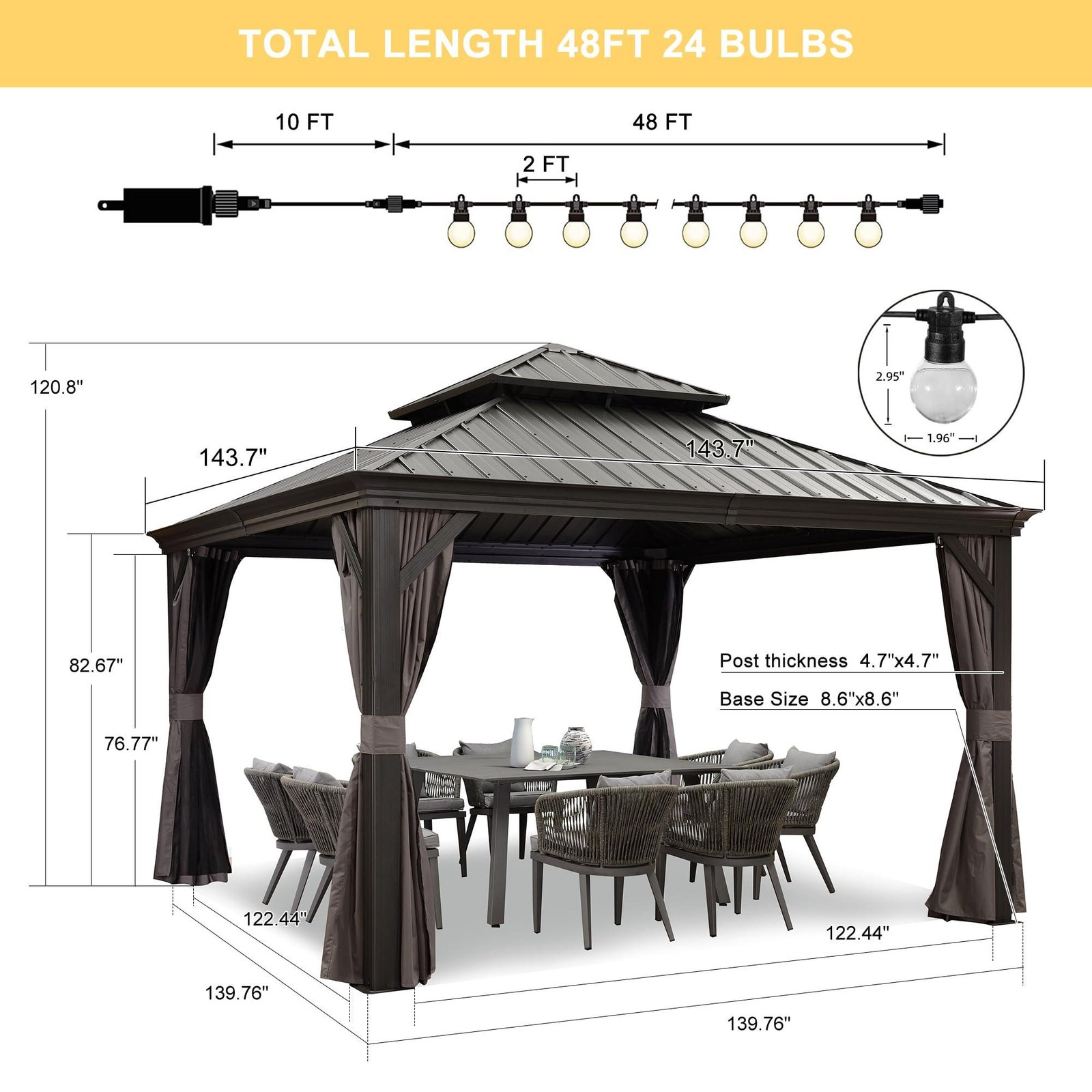 Gazebo for Backyard Grey Hardtop Galvanized Steel Roof Awning with String Lights-clear - Image 28