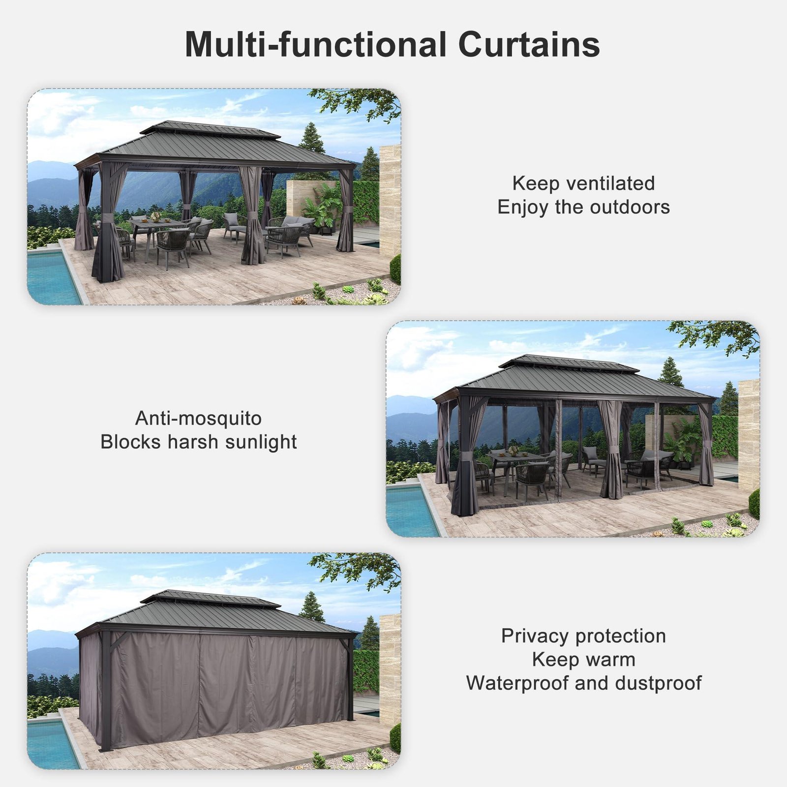 Gazebo for Backyard Grey Hardtop Galvanized Steel Roof Awning with String Lights-clear - Image 37