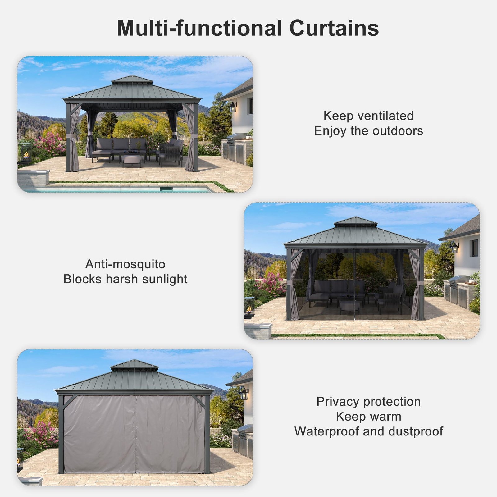 Gazebo for Backyard Grey Hardtop Galvanized Steel Roof Awning with String Lights-clear - Image 38