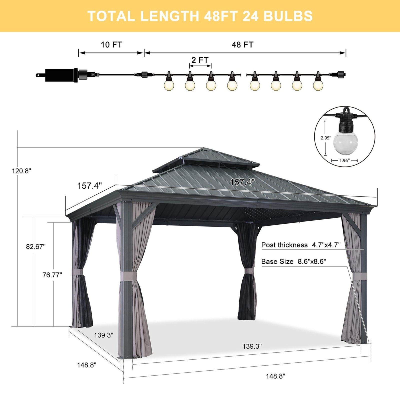 Gazebo for Backyard Grey Hardtop Galvanized Steel Roof Awning with String Lights-clear - Image 40