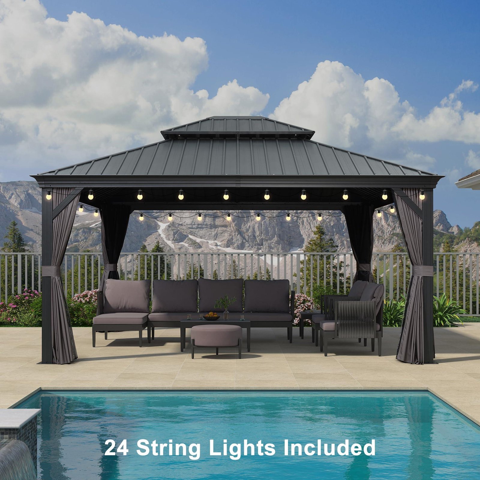 Gazebo for Backyard Grey Hardtop Galvanized Steel Roof Awning with String Lights-clear - Image 44