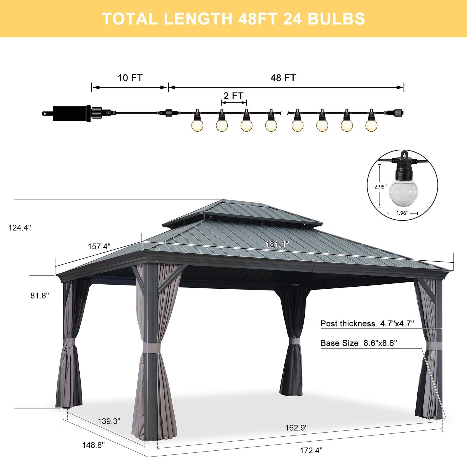 Gazebo for Backyard Grey Hardtop Galvanized Steel Roof Awning with String Lights-clear - Image 45