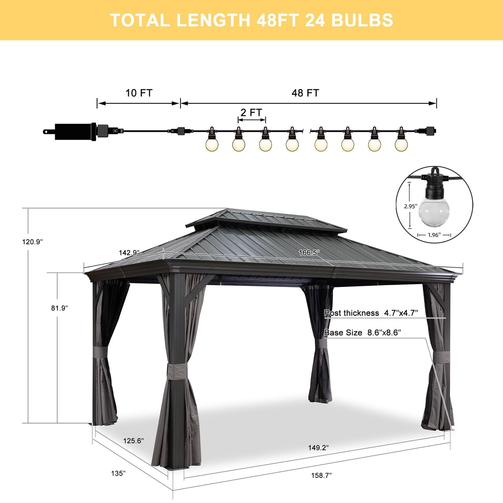 Gazebo for Backyard Grey Hardtop Galvanized Steel Roof Awning with String Lights-clear - Image 5