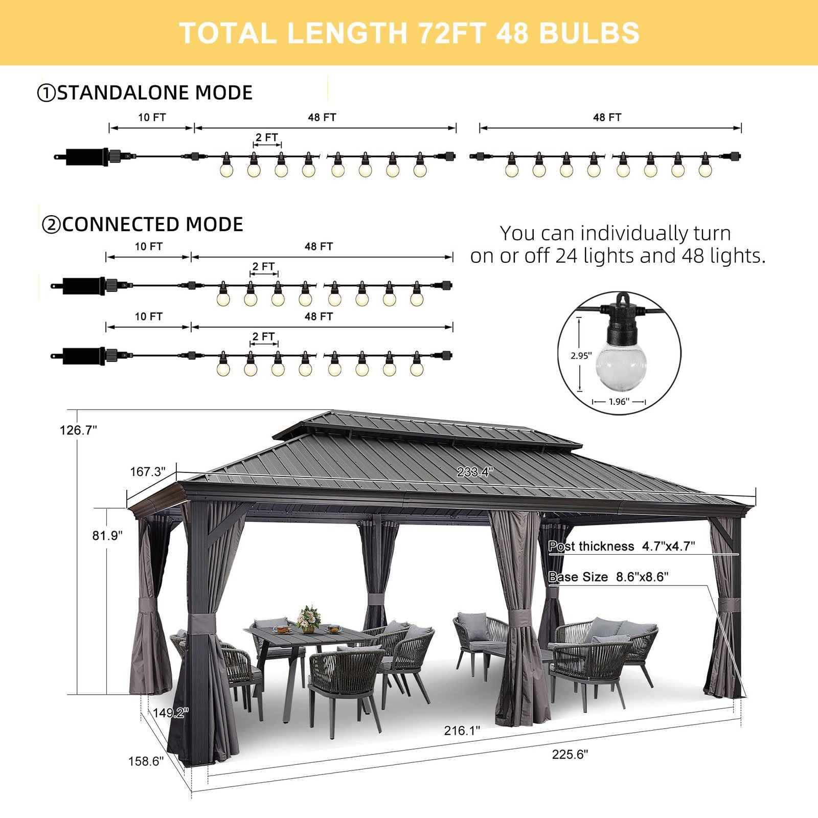 Gazebo for Backyard Grey Hardtop Galvanized Steel Roof Awning with String Lights-clear - Image 48
