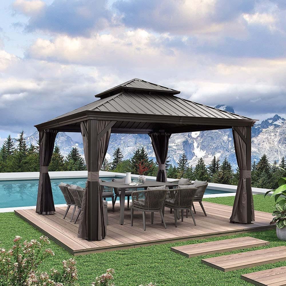 Patio Gazebo for Backyard Grey Hardtop Galvanized Steel Roof Awning with Upgrade Curtain - Image 10