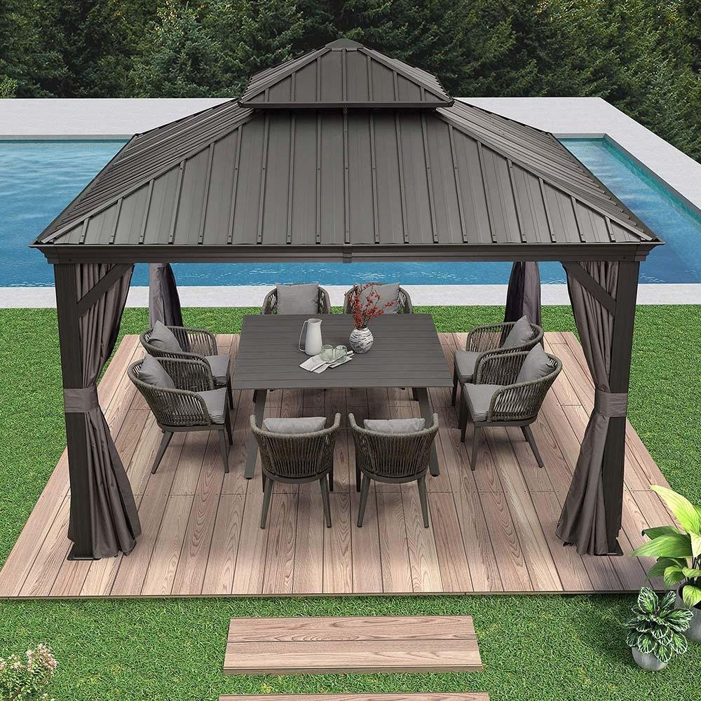 Patio Gazebo for Backyard Grey Hardtop Galvanized Steel Roof Awning with Upgrade Curtain - Image 11
