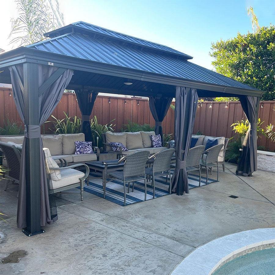 Patio Gazebo for Backyard Grey Hardtop Galvanized Steel Roof Awning with Upgrade Curtain - Image 52