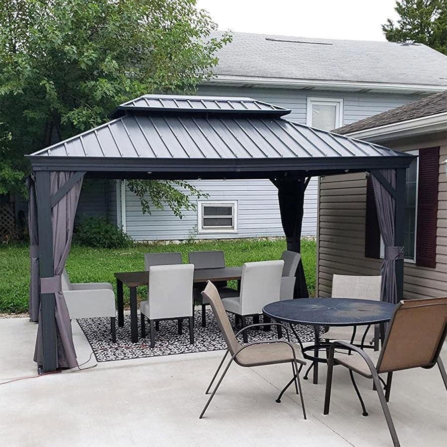 Patio Gazebo for Backyard Grey Hardtop Galvanized Steel Roof Awning with Upgrade Curtain - Image 53
