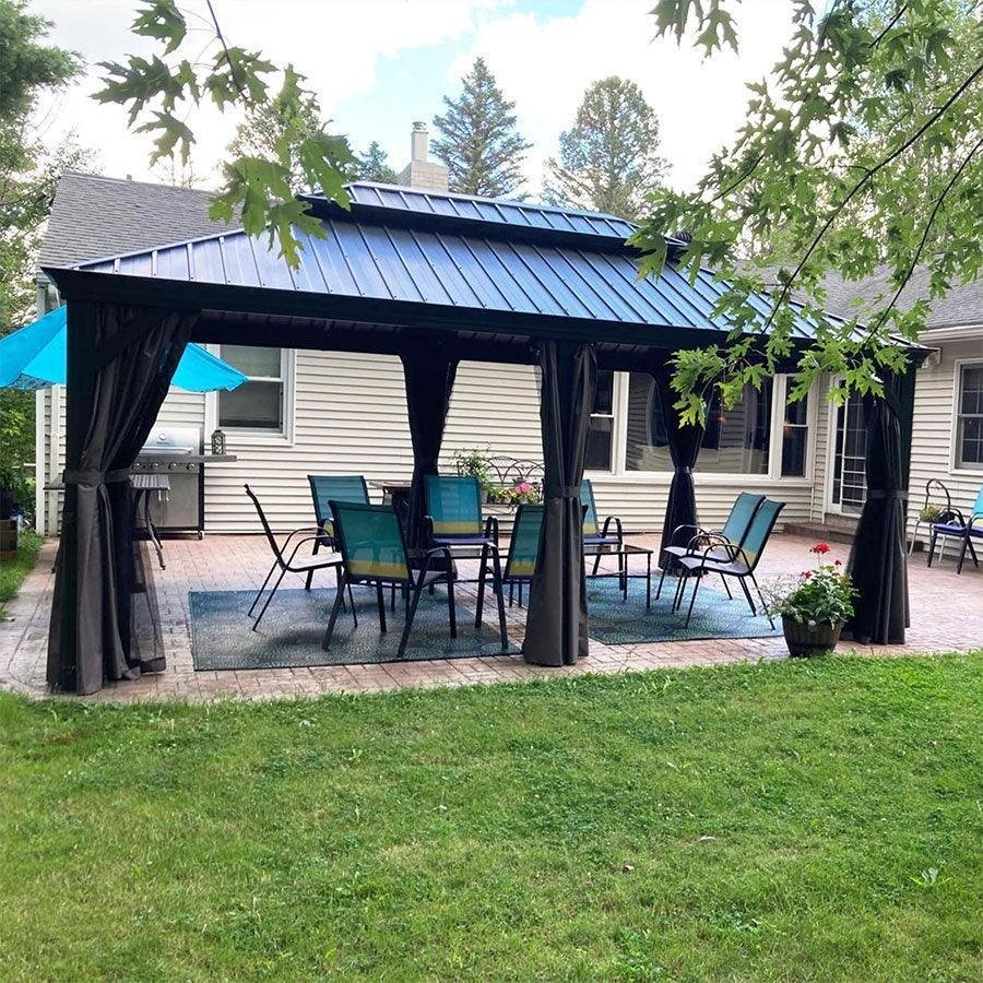 Patio Gazebo for Backyard Grey Hardtop Galvanized Steel Roof Awning with Upgrade Curtain - Image 55