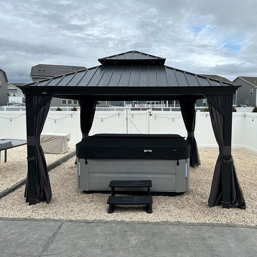 Patio Gazebo for Backyard Grey Hardtop Galvanized Steel Roof Awning with Upgrade Curtain - Image 56