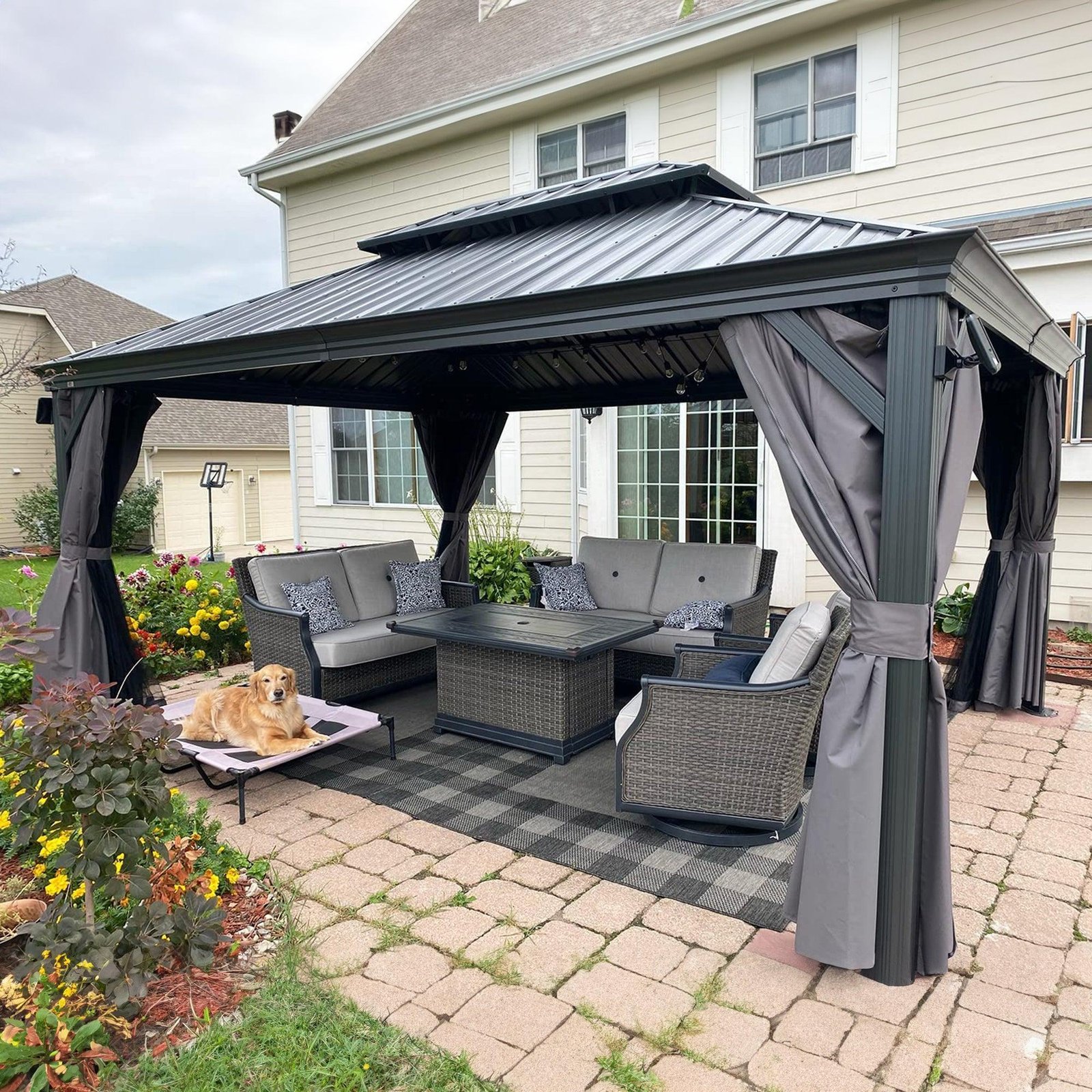 Patio Gazebo for Backyard Grey Hardtop Galvanized Steel Roof Awning with Upgrade Curtain - Image 57