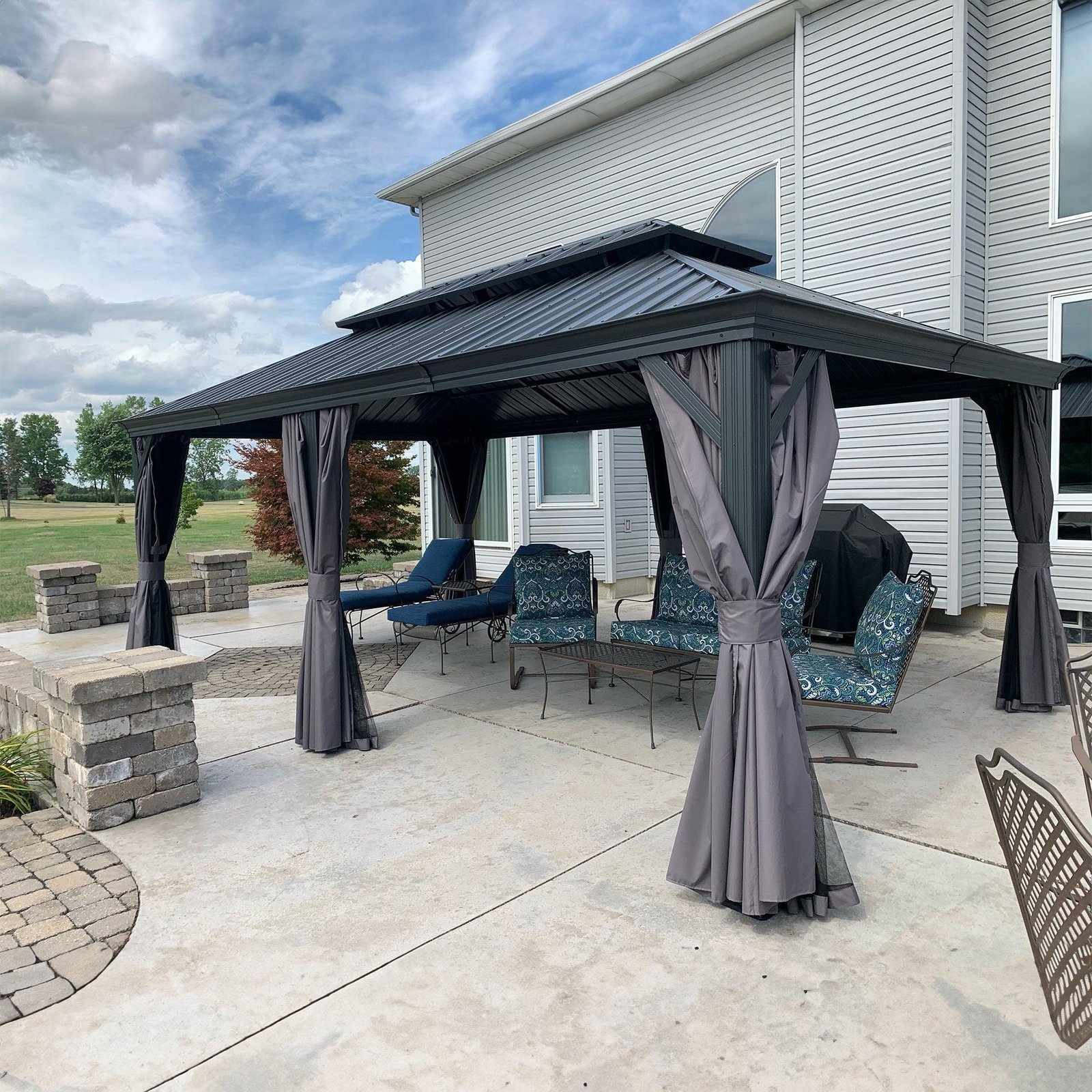 Patio Gazebo for Backyard Grey Hardtop Galvanized Steel Roof Awning with Upgrade Curtain - Image 58