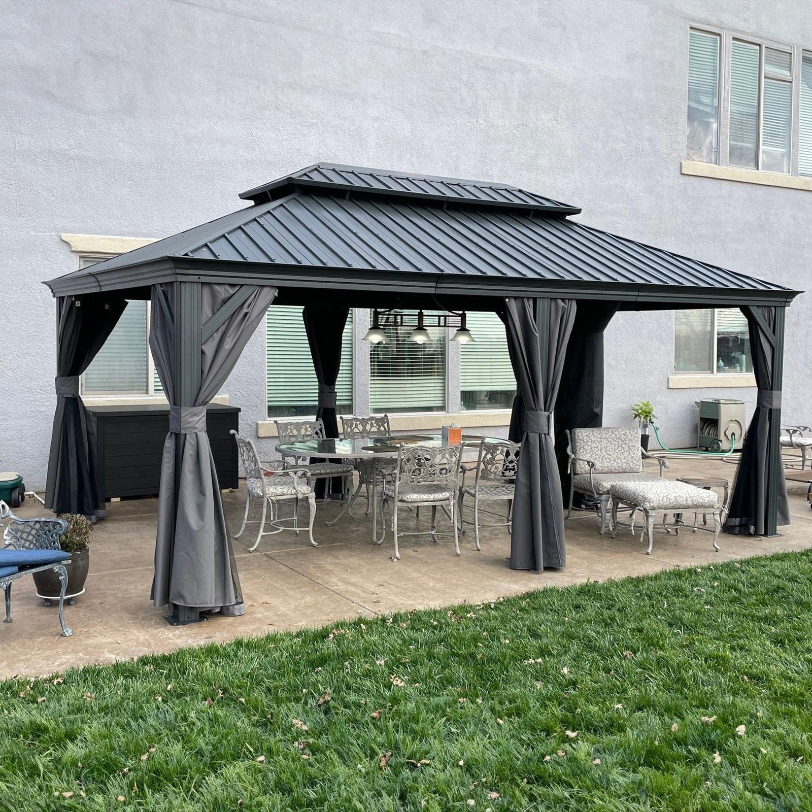 Patio Gazebo for Backyard Grey Hardtop Galvanized Steel Roof Awning with Upgrade Curtain - Image 59