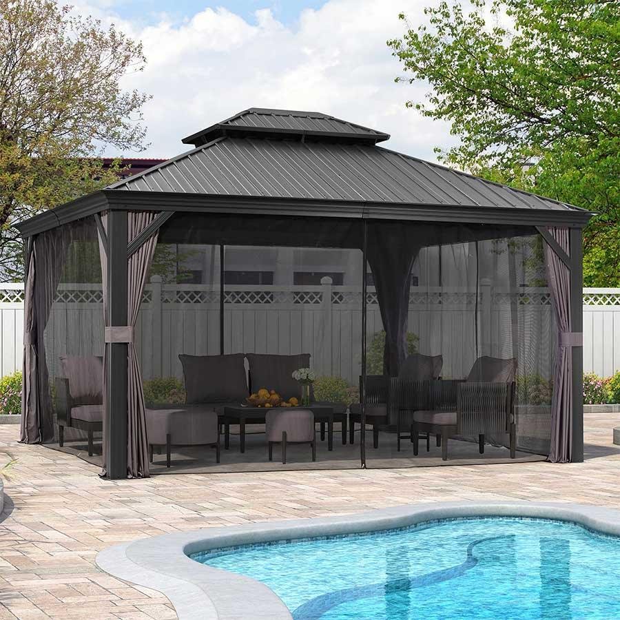 Patio Gazebo for Backyard Grey Hardtop Galvanized Steel Roof Awning with Upgrade Curtain - Image 61