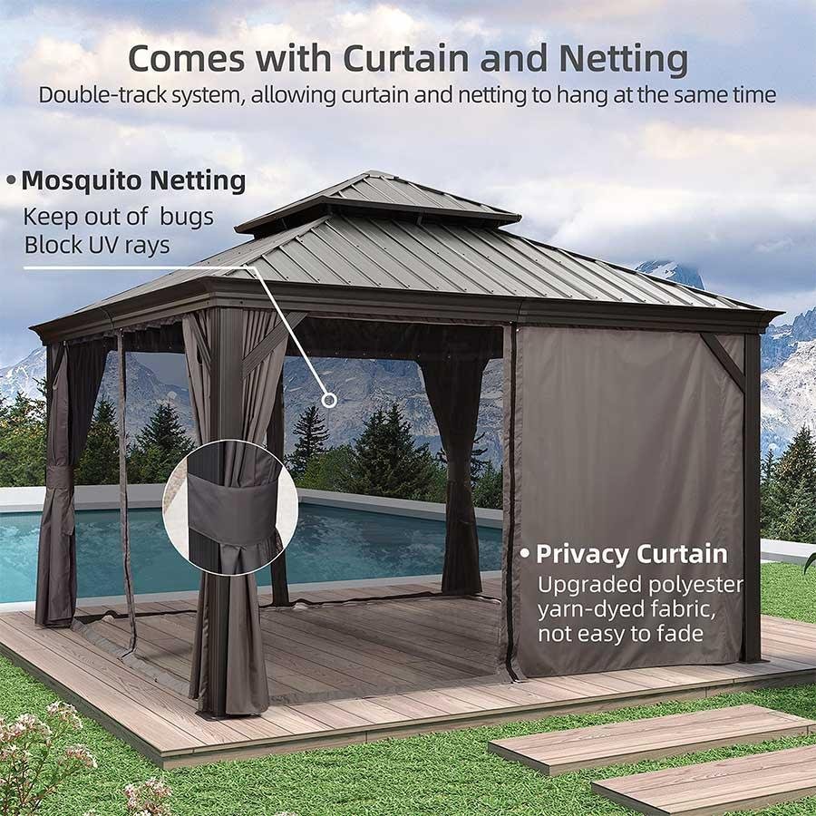 Patio Gazebo for Backyard Grey Hardtop Galvanized Steel Roof Awning with Upgrade Curtain - Image 62