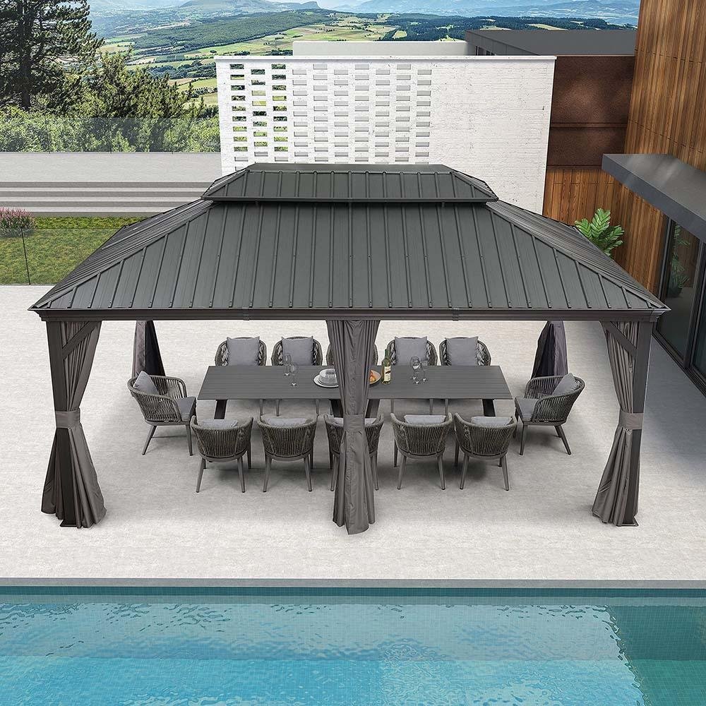Patio Gazebo for Backyard Grey Hardtop Galvanized Steel Roof Awning with Upgrade Curtain - Image 12