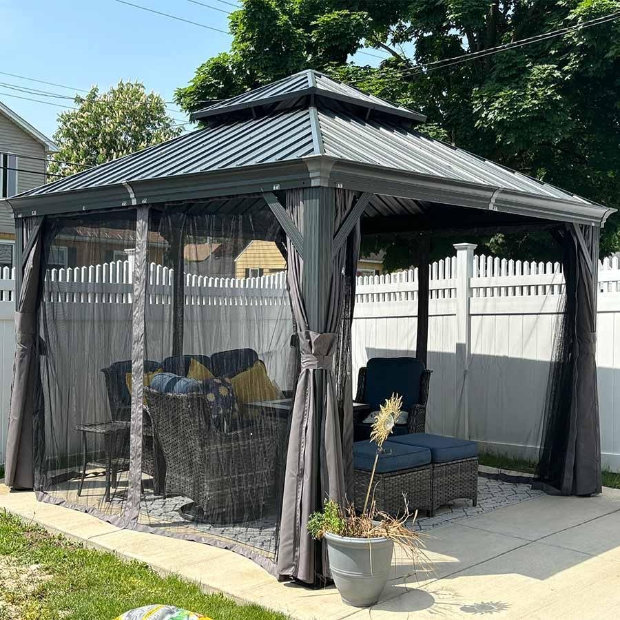 Patio Gazebo for Backyard Grey Hardtop Galvanized Steel Roof Awning with Upgrade Curtain - Image 63