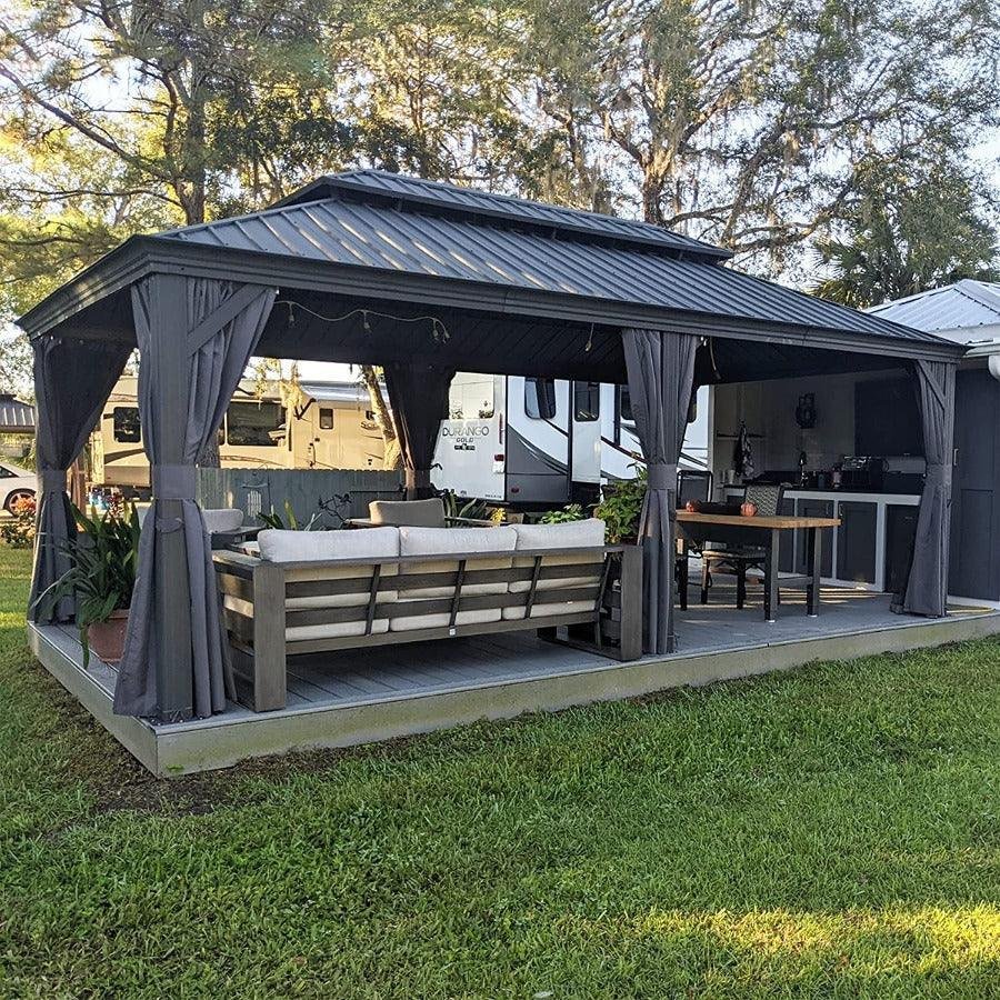 Patio Gazebo for Backyard Grey Hardtop Galvanized Steel Roof Awning with Upgrade Curtain - Image 5