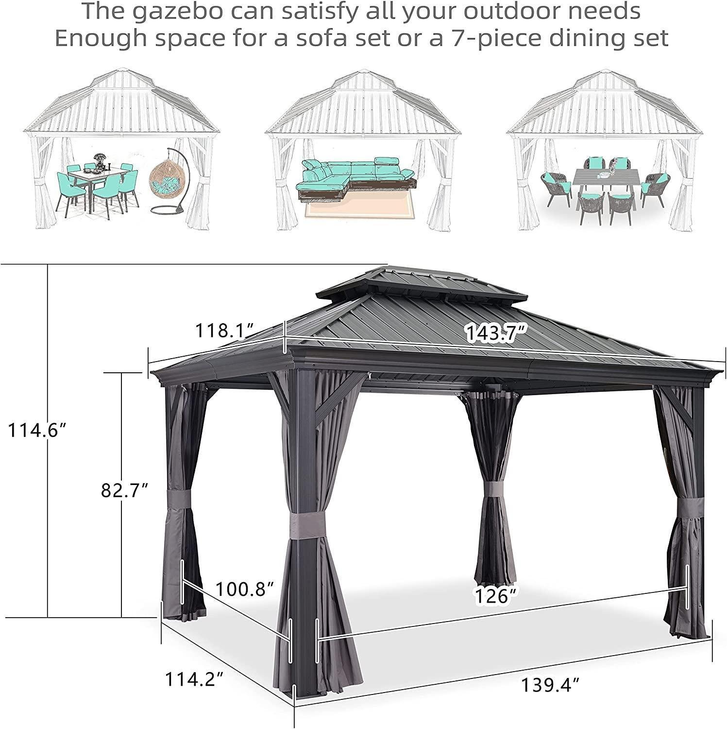 Patio Gazebo for Backyard Grey Hardtop Galvanized Steel Roof Awning with Upgrade Curtain - Image 16
