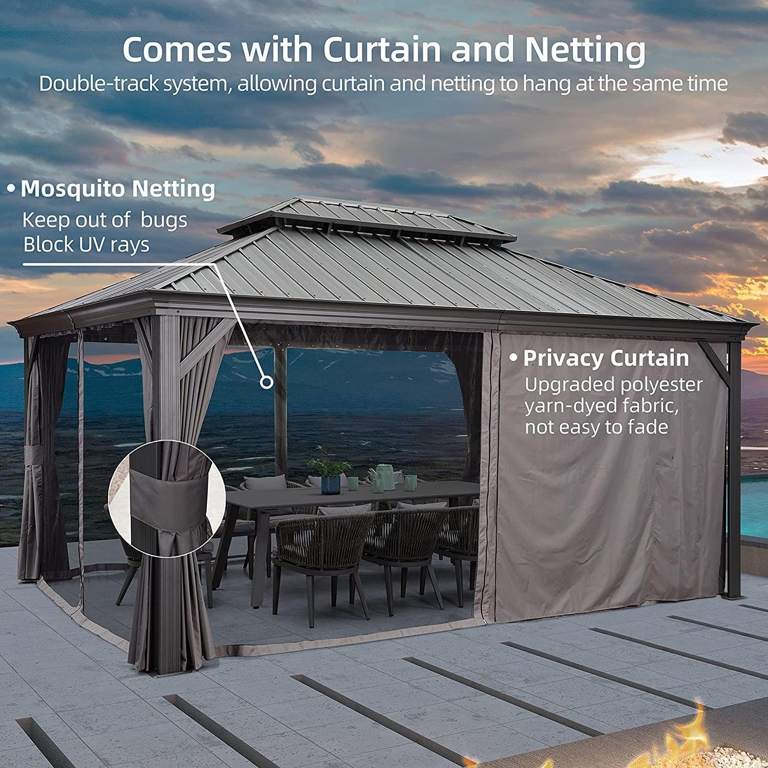 Patio Gazebo for Backyard Grey Hardtop Galvanized Steel Roof Awning with Upgrade Curtain - Image 18