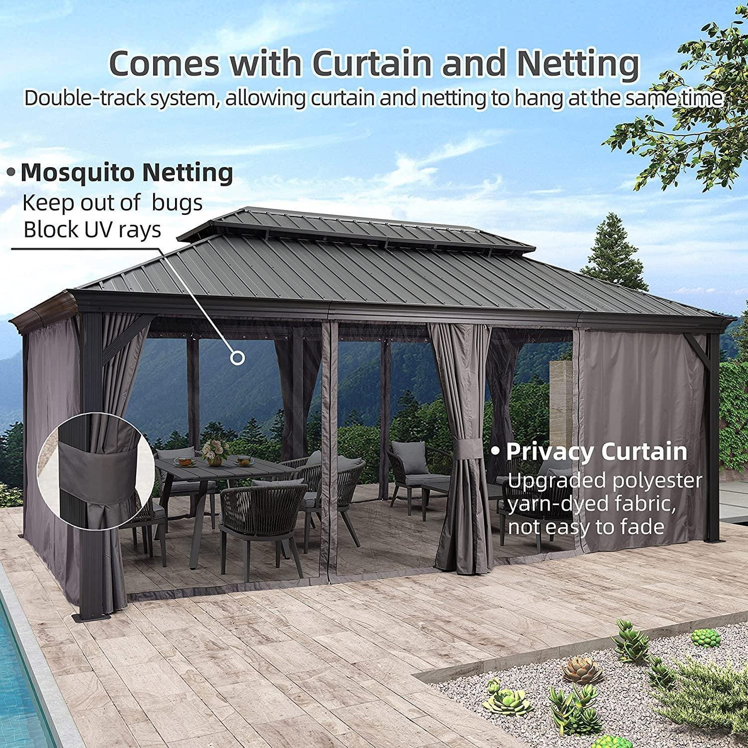 Patio Gazebo for Backyard Grey Hardtop Galvanized Steel Roof Awning with Upgrade Curtain - Image 19