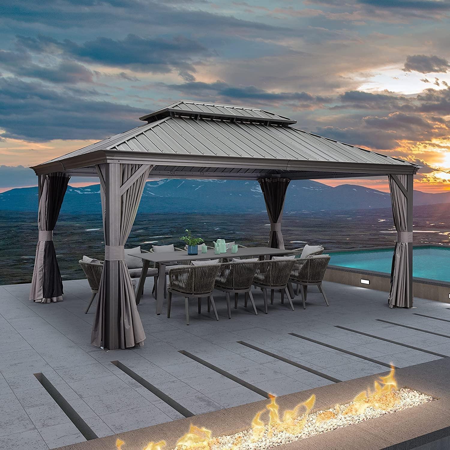 Patio Gazebo for Backyard Grey Hardtop Galvanized Steel Roof Awning with Upgrade Curtain - Image 7