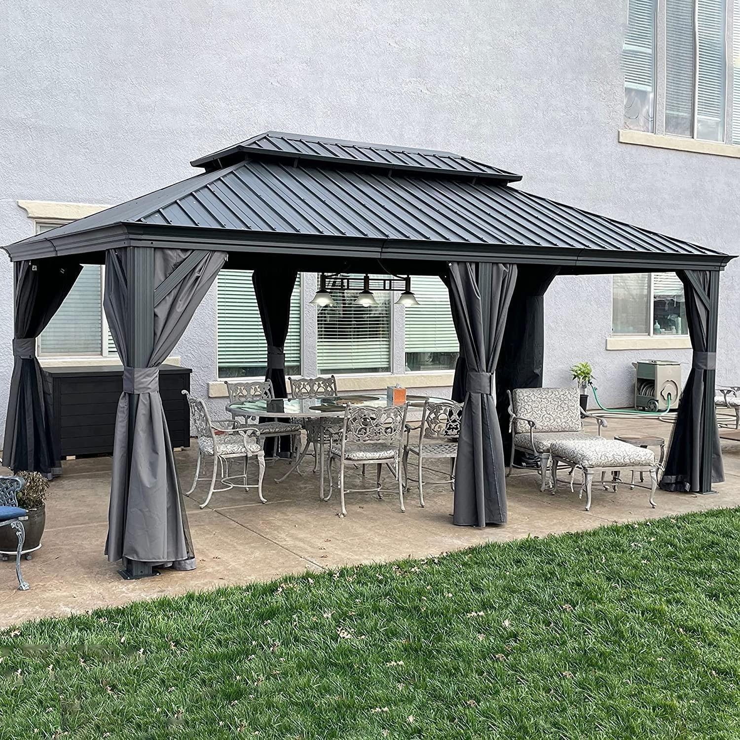 Patio Gazebo for Backyard Grey Hardtop Galvanized Steel Roof Awning with Upgrade Curtain - Image 20