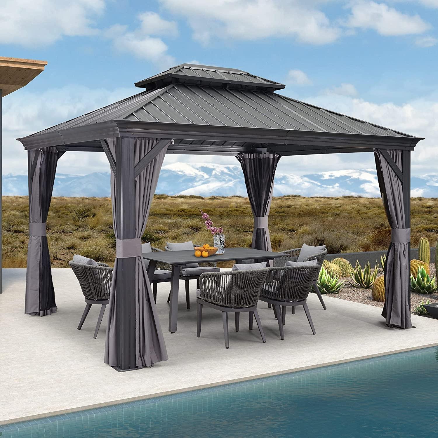 Patio Gazebo for Backyard Grey Hardtop Galvanized Steel Roof Awning with Upgrade Curtain - Image 26
