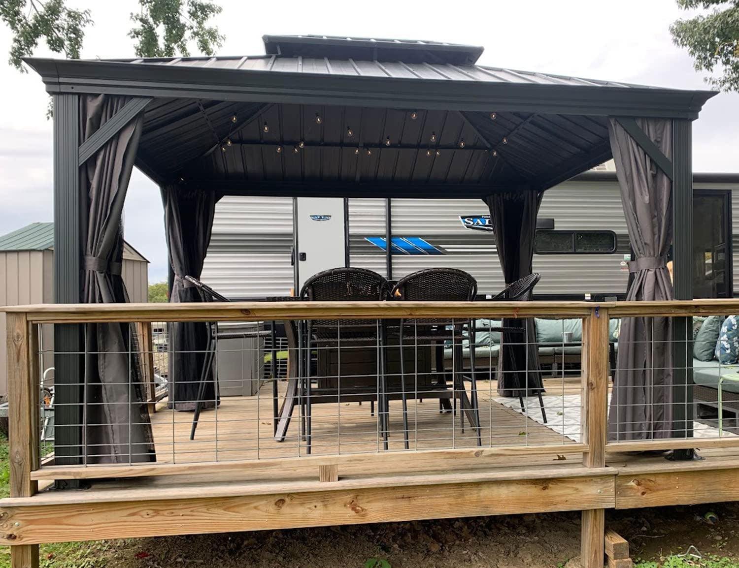 Patio Gazebo for Backyard Grey Hardtop Galvanized Steel Roof Awning with Upgrade Curtain - Image 27