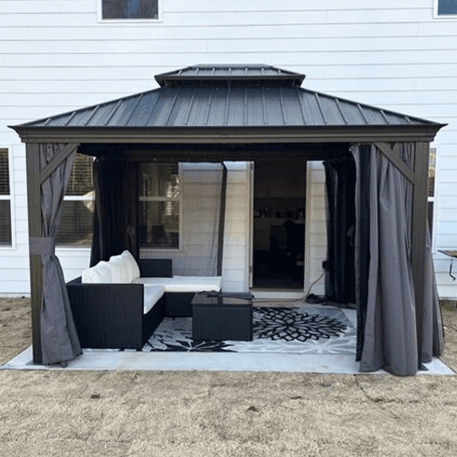 Patio Gazebo for Backyard Grey Hardtop Galvanized Steel Roof Awning with Upgrade Curtain - Image 30