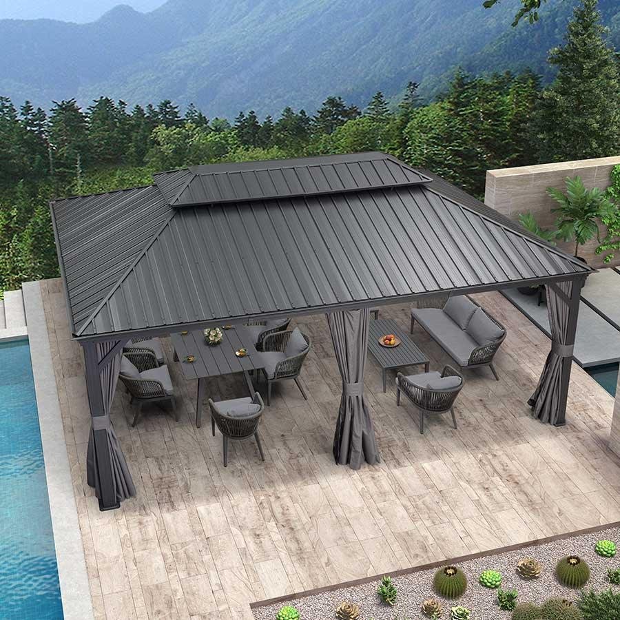 Patio Gazebo for Backyard Grey Hardtop Galvanized Steel Roof Awning with Upgrade Curtain - Image 35