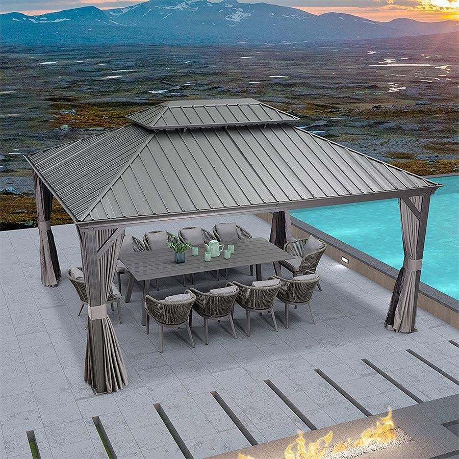 Patio Gazebo for Backyard Grey Hardtop Galvanized Steel Roof Awning with Upgrade Curtain - Image 36