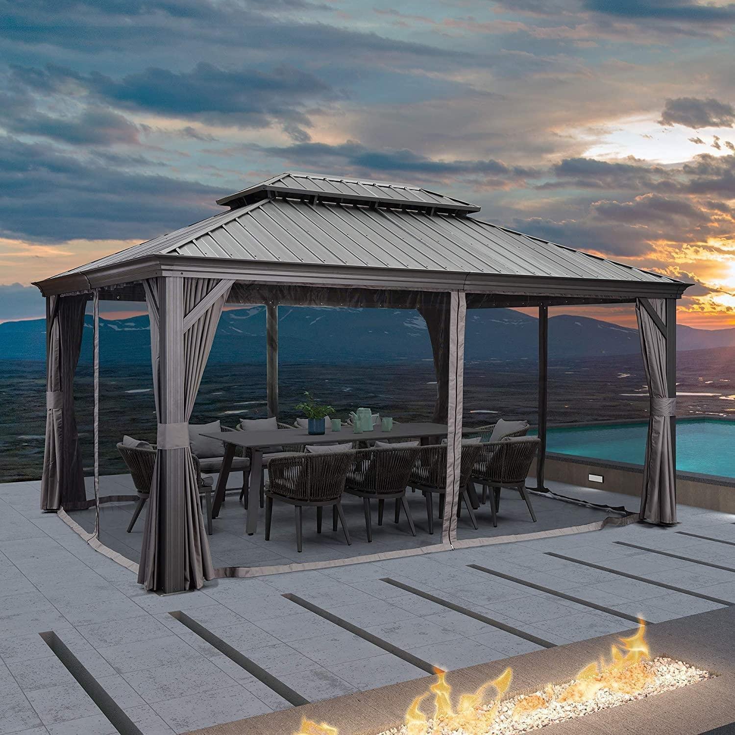 Patio Gazebo for Backyard Grey Hardtop Galvanized Steel Roof Awning with Upgrade Curtain - Image 8