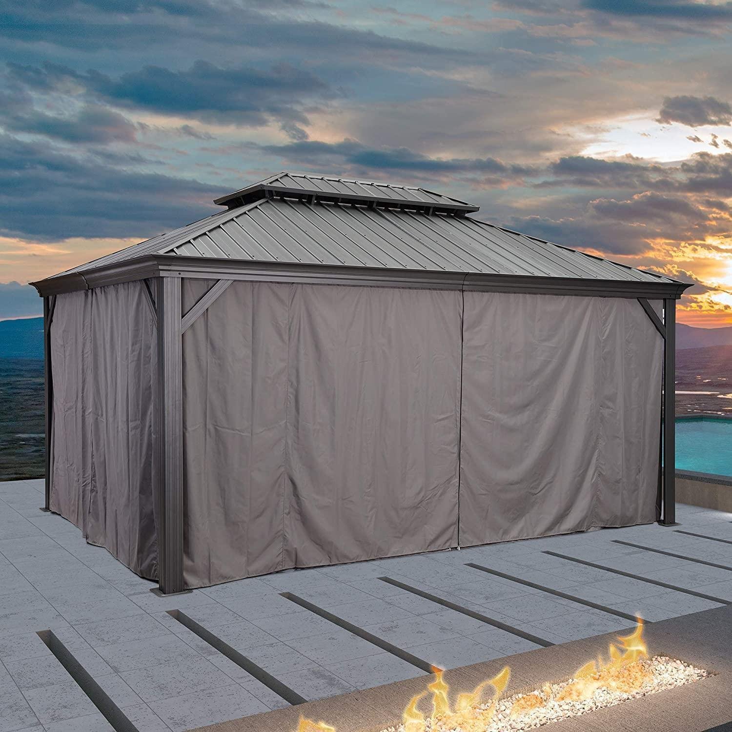 Patio Gazebo for Backyard Grey Hardtop Galvanized Steel Roof Awning with Upgrade Curtain - Image 9
